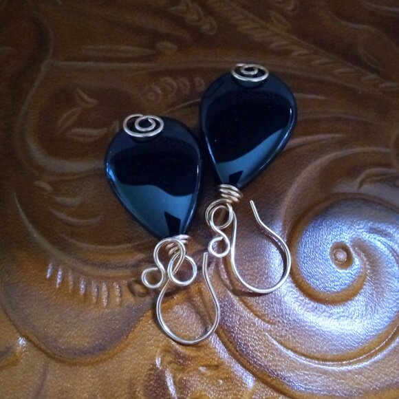 Soul Cleansing: Massive Black Agate Teardrop Dangle Earrings! Calmness +Strength - Picture 4 of 10